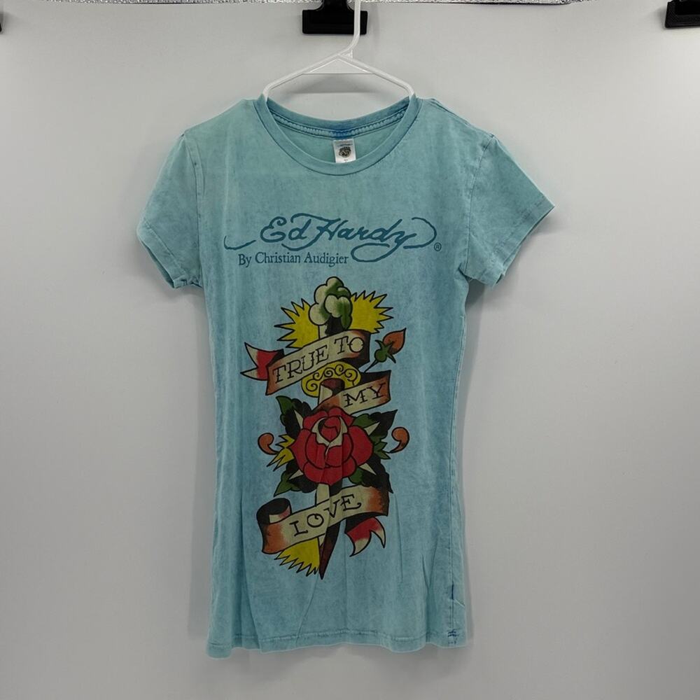 Ed Hardy True Love Y2K Slim Fit Cotton Tee - Pale Blue - Small